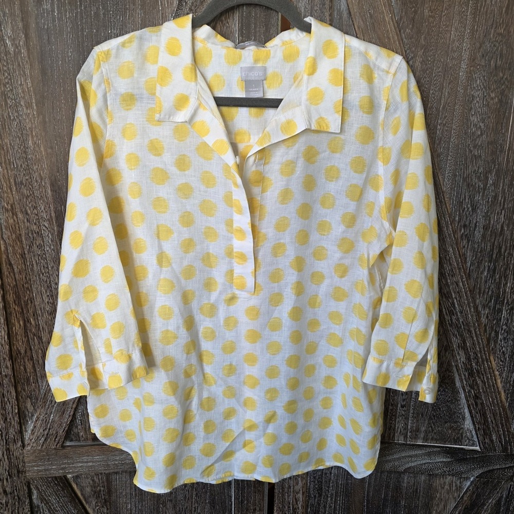 Chico's Shirt Women's Size 1 (US Size 8) White & Yellow Polka Dot 100% Linen
